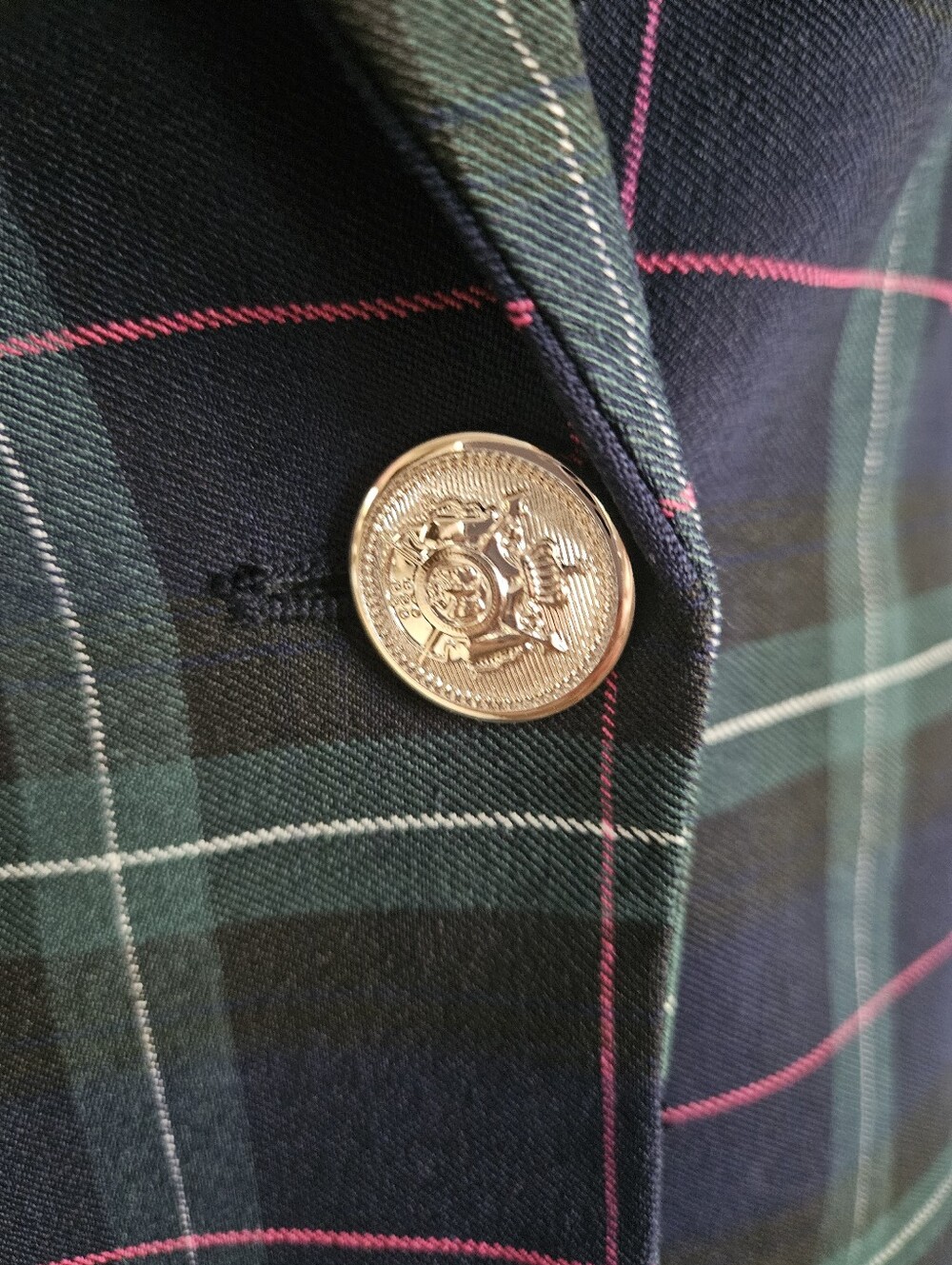 AUTRES FILLES Tartan Plaid Blazer Jacket Navy Green Pink Gold Buttons | SZ XS - Picture 5 of 8